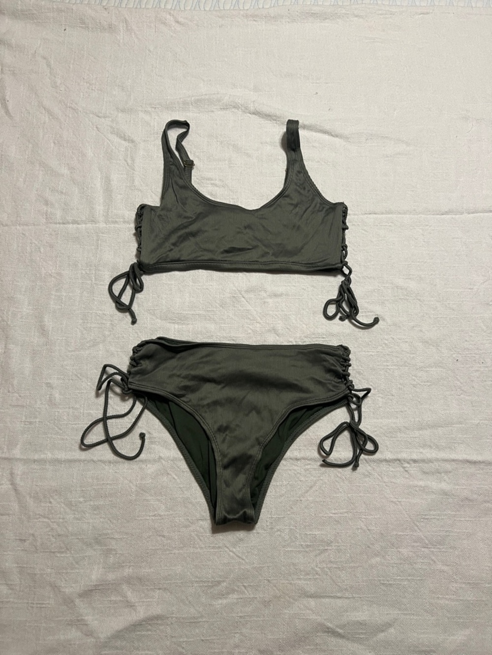 Kensie Olive Ribbed Tie-Side Bikini Set